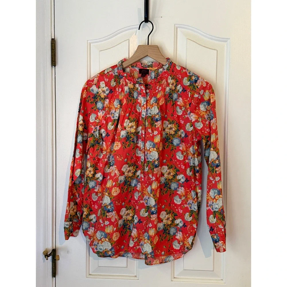 J.Crew x Liberty Fabric | Ruffle Classic Popover Shirt‎ Blouse Coral Floral Sz 4